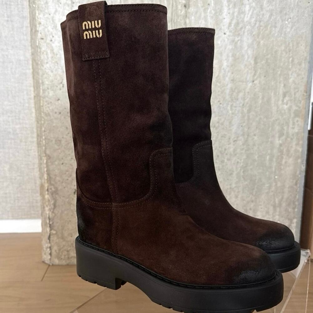 Miu Miu Work Moto Boots in Brown Suede Size 37